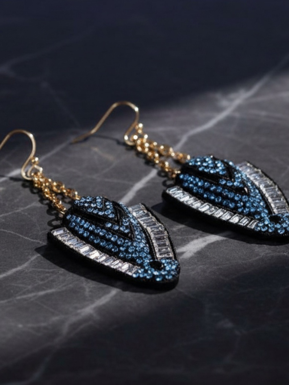Womens Blue Silver Rhinestone Dangle Drop Earrings